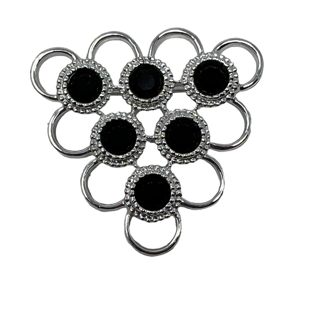 Vintage Sarah Coventry Brooch Triangular Silver‎ Tone Black Faceted Crystals